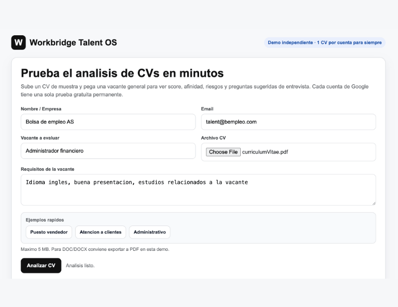 Formulario de la demo de Workbridge Talent OS: nombre, email, vacante a evaluar y archivo de CV para analizar
